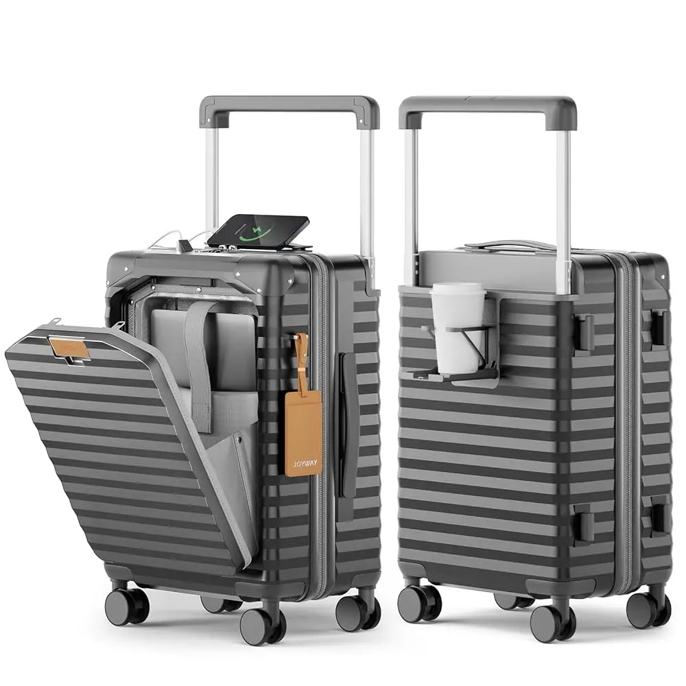 Joyway 20 inch Front Opening Carry on Luggage Suitcase 1 Piece, Cup Holder, TSA Lock, Mute Spinner Wheels, Lightweight Durable