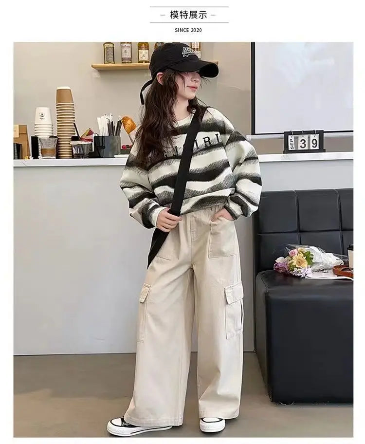 2025 autumn spring Girls clothes Sweatshirt Kids teens dress top Child striped letters hooded tracksuit 4 6 7 8 9 10 11 12 year