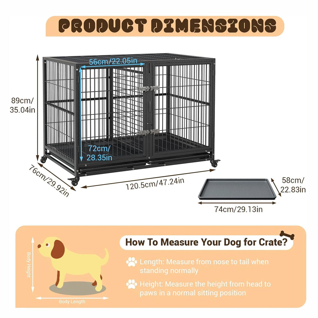 Heavy Duty Dog Crate Large Metal Dog Kennel with Roof Top 2 Door Dog Cage House with Removable Tray and Wheels for Large Dogs