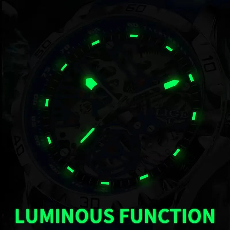 2025 New LIGE Top Brand Luxury Hollow Waterproof Tourbillon Mechanical Automatic Watch Men Silicone Skeleton Mens Watches + Box