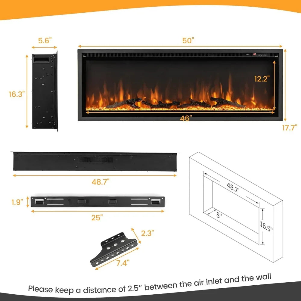 50 Inches Electric Fireplace Inserts, Recessed, Wall Mounted and Freestanding 1500W Slim Fireplace Heater with Remote Control,
