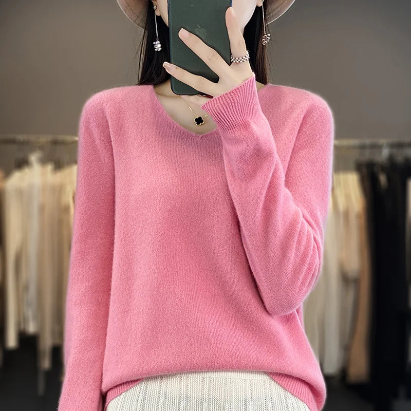 Sweater For Women 100% Merino Wool V Neck Sweater Fall Winter Basic Warm Pullovers Long Sleeve Soft Knit Jumpers Female Clothing