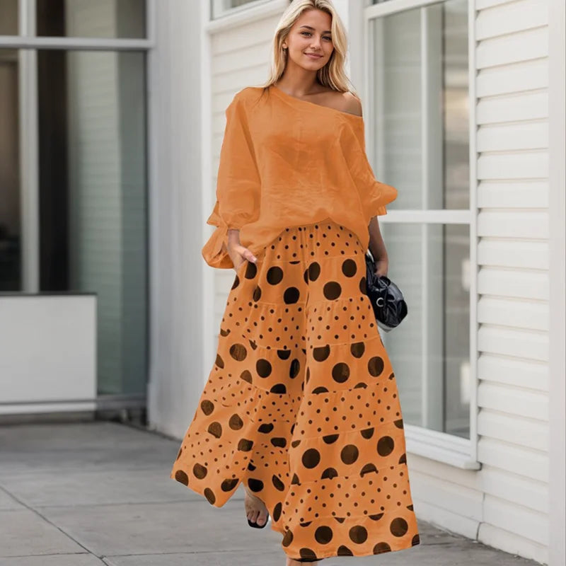 Casual Suit Set For Women Solid Color Nine-quarter Sleeve Slant Collar T-Shirt Women Two Piece Sets Loose Polka Dot Printed Suit