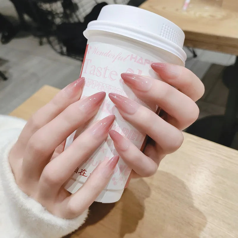 24pcs/box False Nails With Glue Mid-length Round Head Vintage Wine Red Fashion Artificial Nail Press On Fake Nail Art Decoration