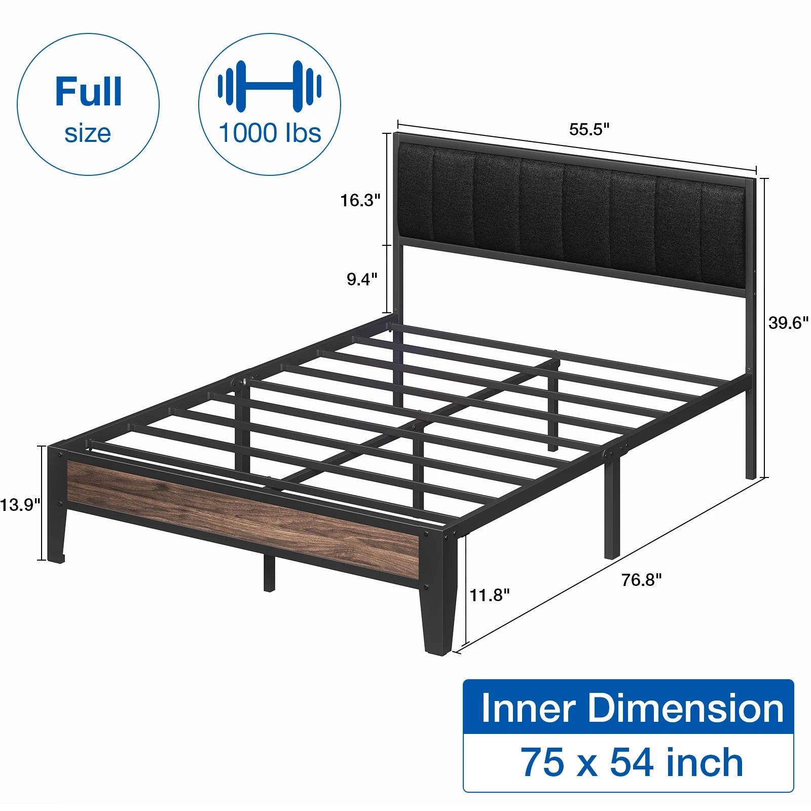 Twin/Full Bed Frame, Headboard Upholstered Bed Frame Platform, All Metal Slats Support Platform Bed Frame with Storage Space