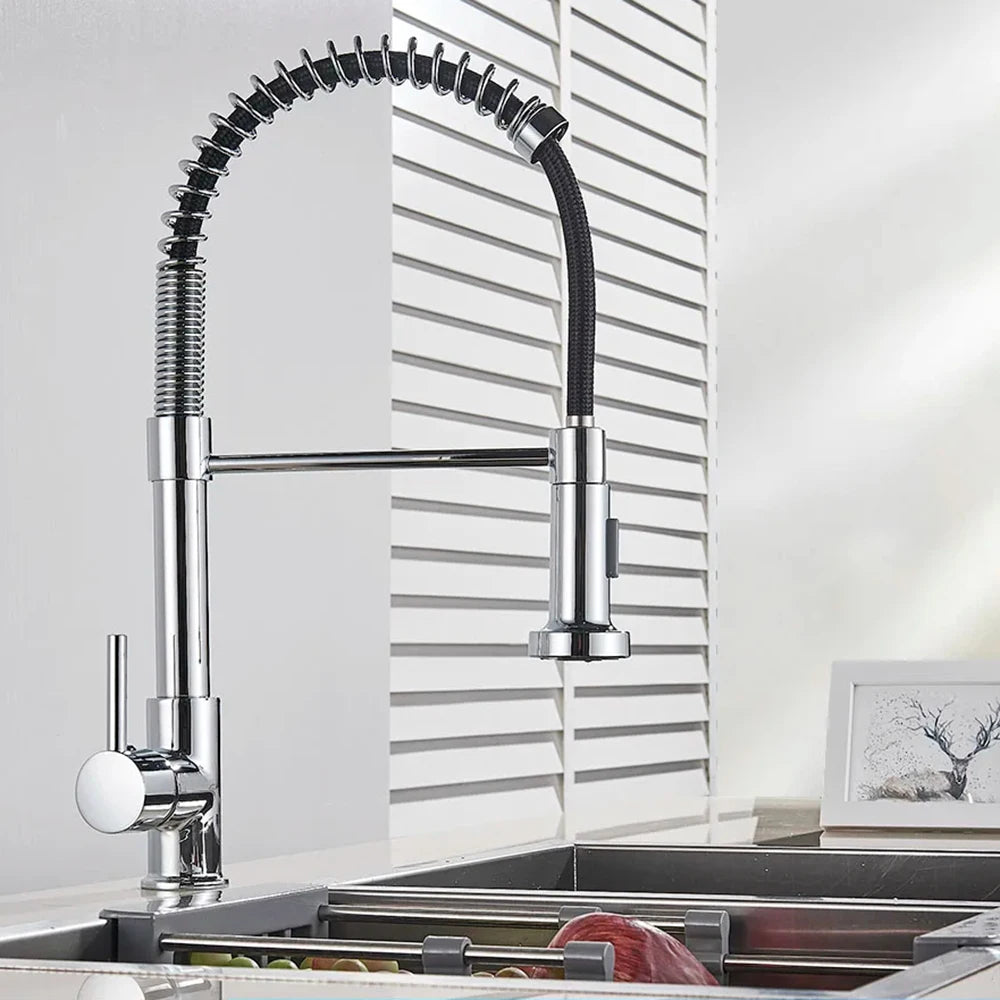 Spring Brushed Nickel Kitchen Faucet Deck Mounted Mixer Tap 360 Degree Rotation Stream Sprayer Nozzle Kitchen Sink Hot Cold Taps