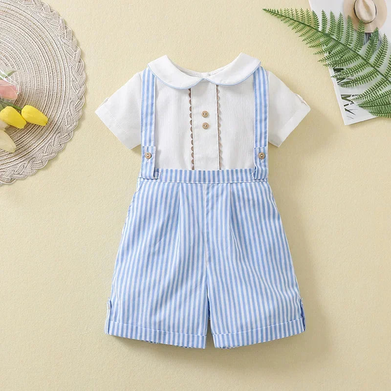 Baby Boys Birthday Outfit 2Pcs Set Short Sleeve Shirt + Striped Suspenders Pants Toddler Summer Clothes Formal Suit Gentleman