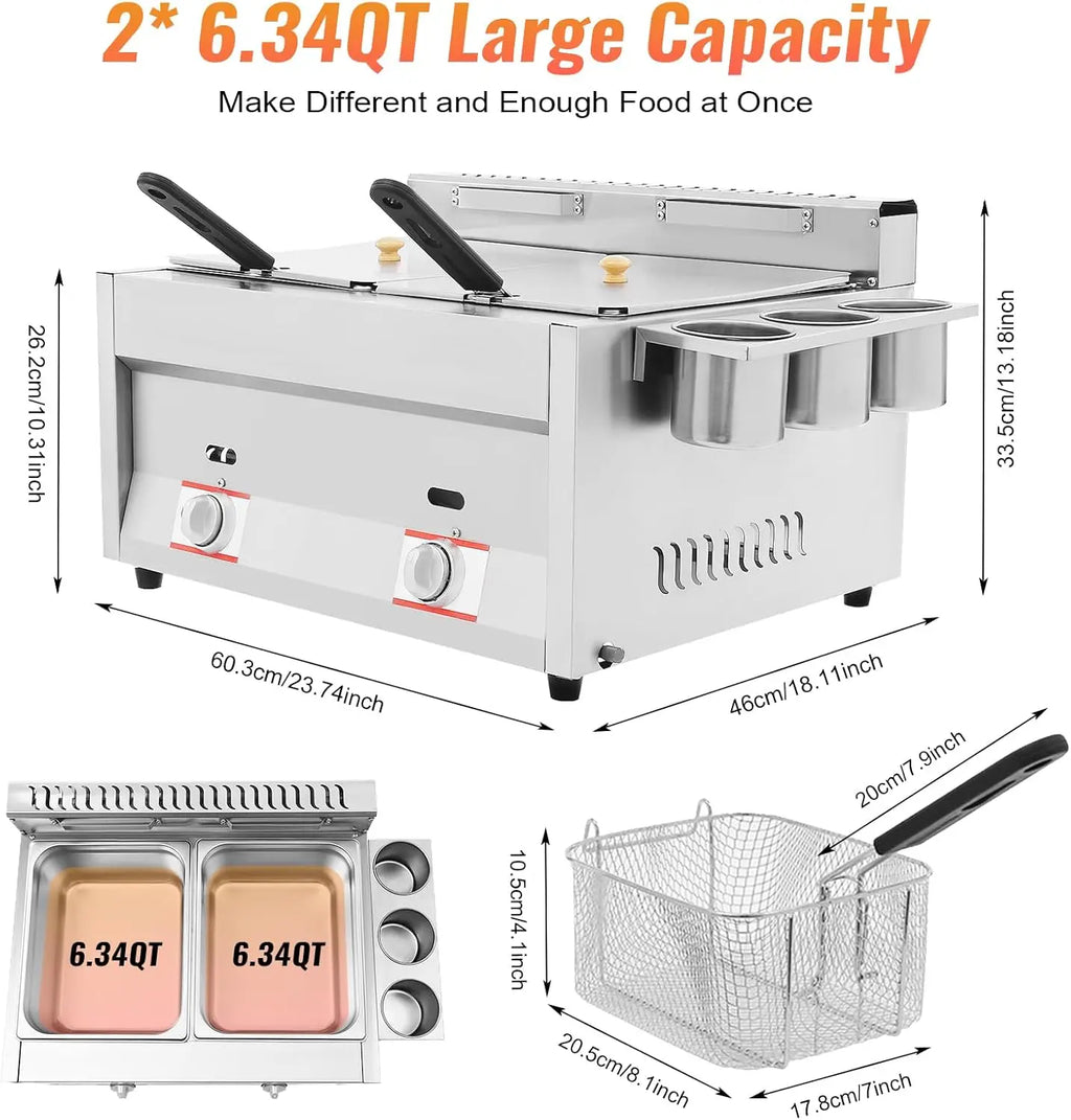 Commercial Gas Deep Fryer, 12L Stainless Steel Countertop Oil Fryer Dual Tank Kitchen Fat Fryer with Removable Baskets & Seasoni