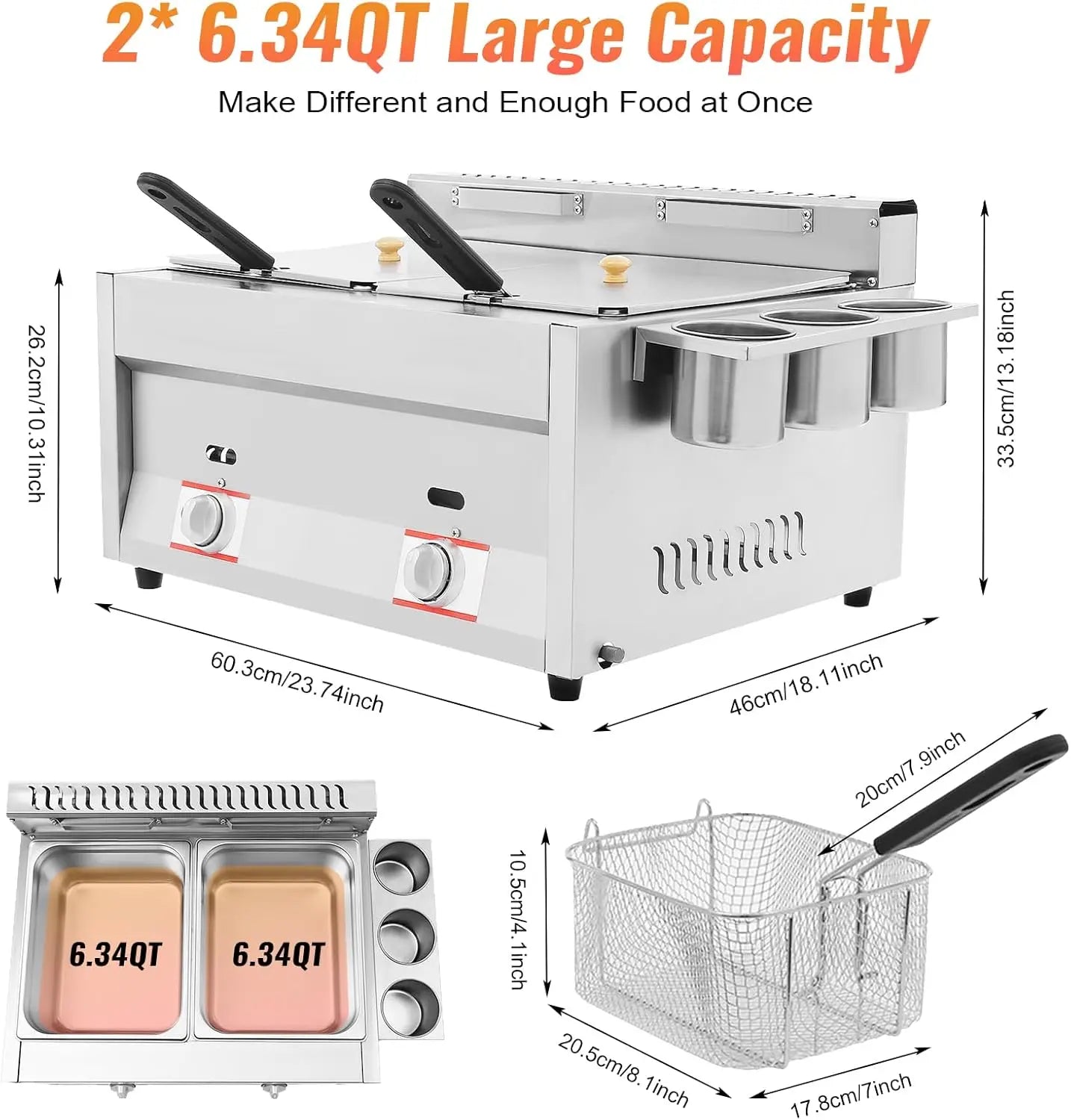 Commercial Gas Deep Fryer, 12L Stainless Steel Countertop Oil Fryer Dual Tank Kitchen Fat Fryer with Removable Baskets & Seasoni