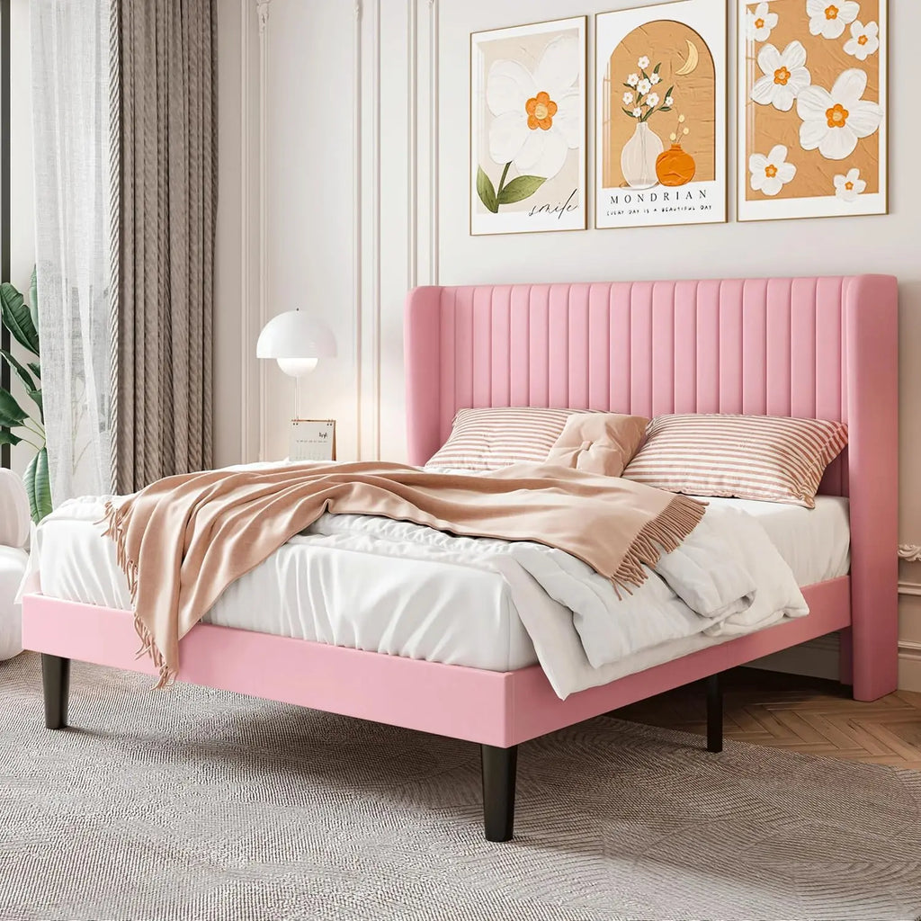 Bed Frame, Full-king Size Velvet Bed Frame with Vertical Channel Tufted Wingback Headboard, No Box Spring Needed, Easy Assembly