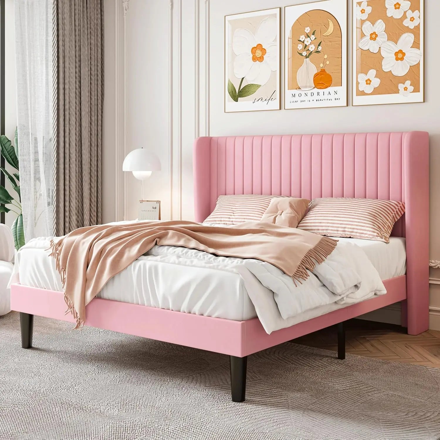 Bed Frame, Full-king Size Velvet Bed Frame with Vertical Channel Tufted Wingback Headboard, No Box Spring Needed, Easy Assembly