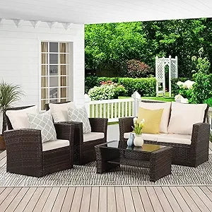 Gray Wicker Outdoor Patio Furniture Set, 4-Piece Conversation Area for Deck, Porch, with Cushioned Sofa Chairs