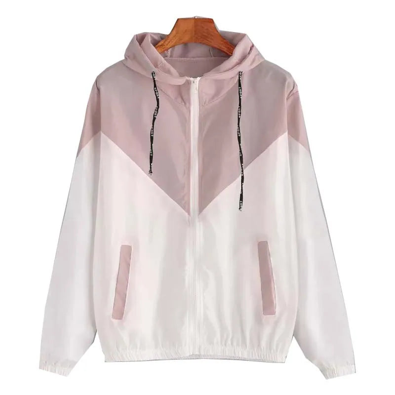 New Outdoor Jacket Coat Womens Long Sleeve Patchwork Thin Skin Suits Hooded Zip Stitching Outwear Coat Running Sport Jacket