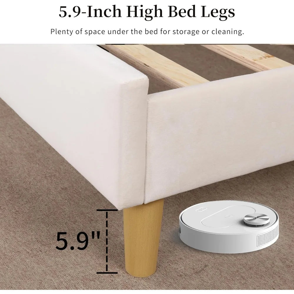 full size bed frame, velvet upholstered platform bed with vertical channel tufted wingback headboard, wooden slats support, no b