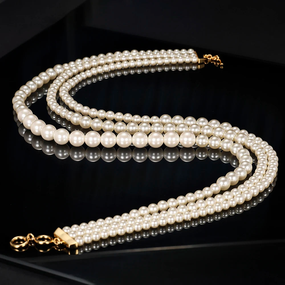 18K Gold Plated Multi-Layered Imitation Pearl Long Sweater Chain Necklace for Women Vintage Body Chain Party Wear Accessories