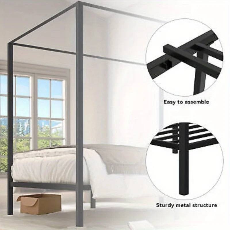 Queen Metal Canopy Bed Frame with Headboard Platform No Box Spring 14"