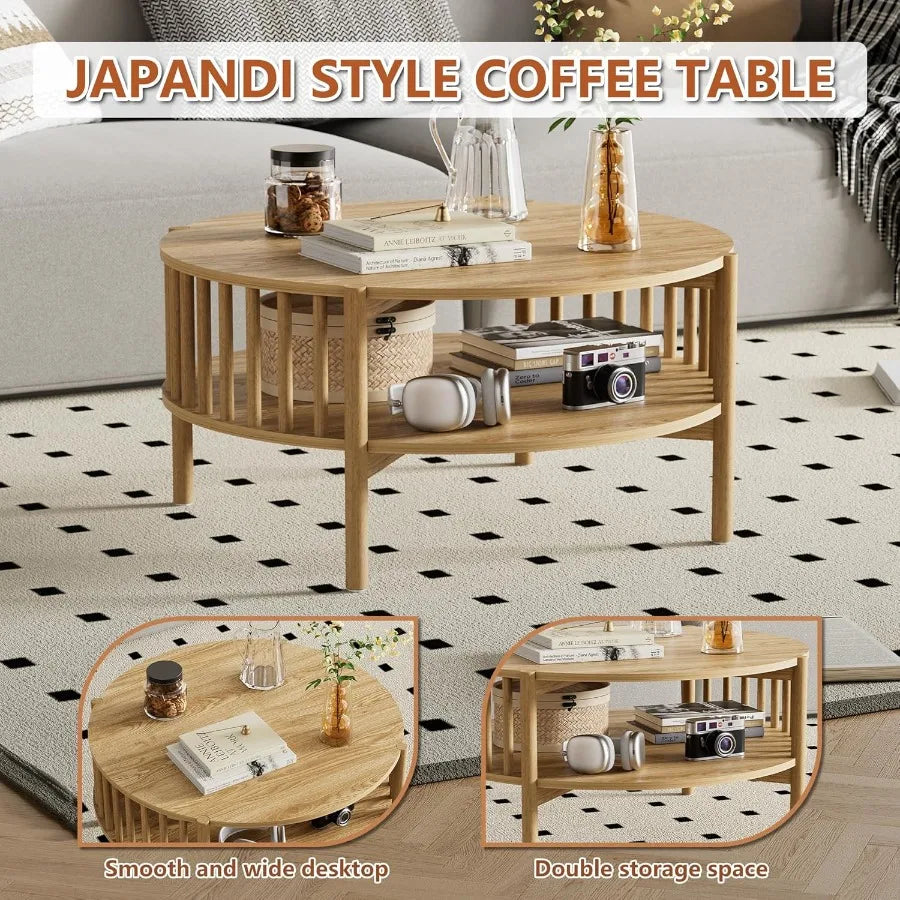 Round Coffee Table for Living Room Wood and Modern Coffee Table with Open Storage ture Oak