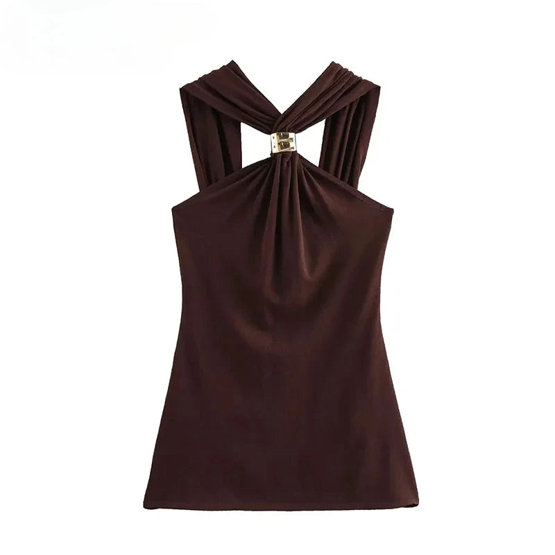 TRAF New Halter Tops Fashion Metal Decoration Crop Top Woman 2025 Sleeveless Hanging Collar Short Tops For Women Sexy Party Top