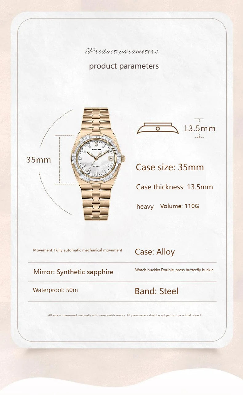 Luxury automatic mechanical watch for women; waterproof, elegant and fashionable round watch as a gift for girlfriend.