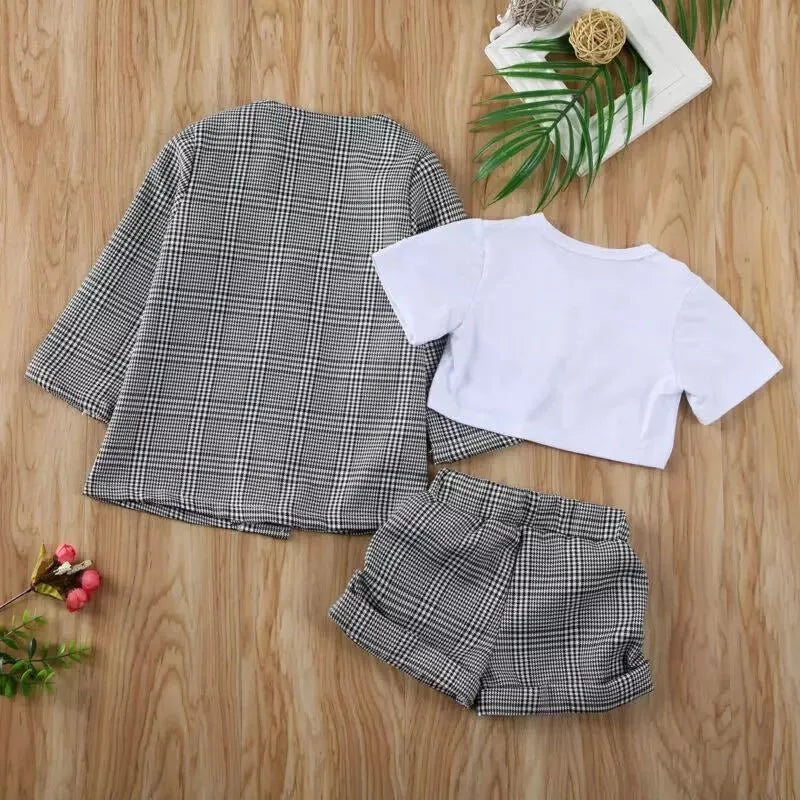 Baby Girls Clothes Sets Infant Toddler White Top T-Shirt+Grey Checkered Suit+Short 3PCS Costumes For Girls 2025 Girls Outfit Set