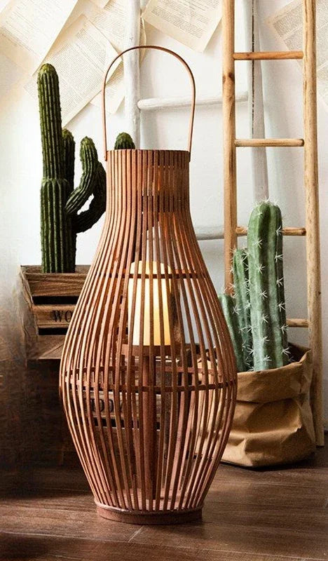 Vintage Wood Floor Candlestick Natural Bamboo Lantern Room Garden Hall Candle Holders Nordic Home Decoration Accessories Cage
