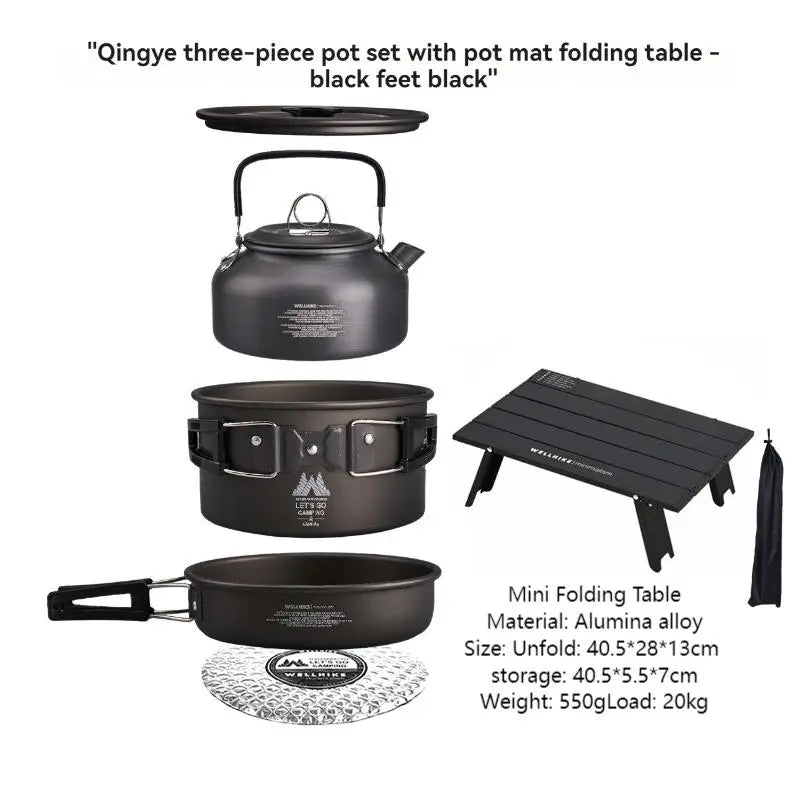 Outdoor Camping Set Pot 1-2 People Pot Portable Camping Cooker Picnic Camping Pot Kettle Frying Pan Cooking Pot, Folding Table