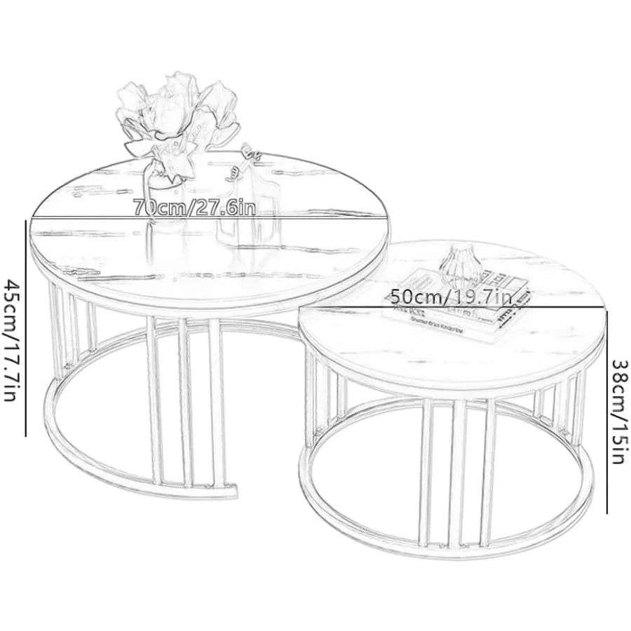 Round Nesting Coffee Table Set of 2 Modern Cocktail Table with Metal Frame for Living Room Small Spaces White and Gold Desktop
