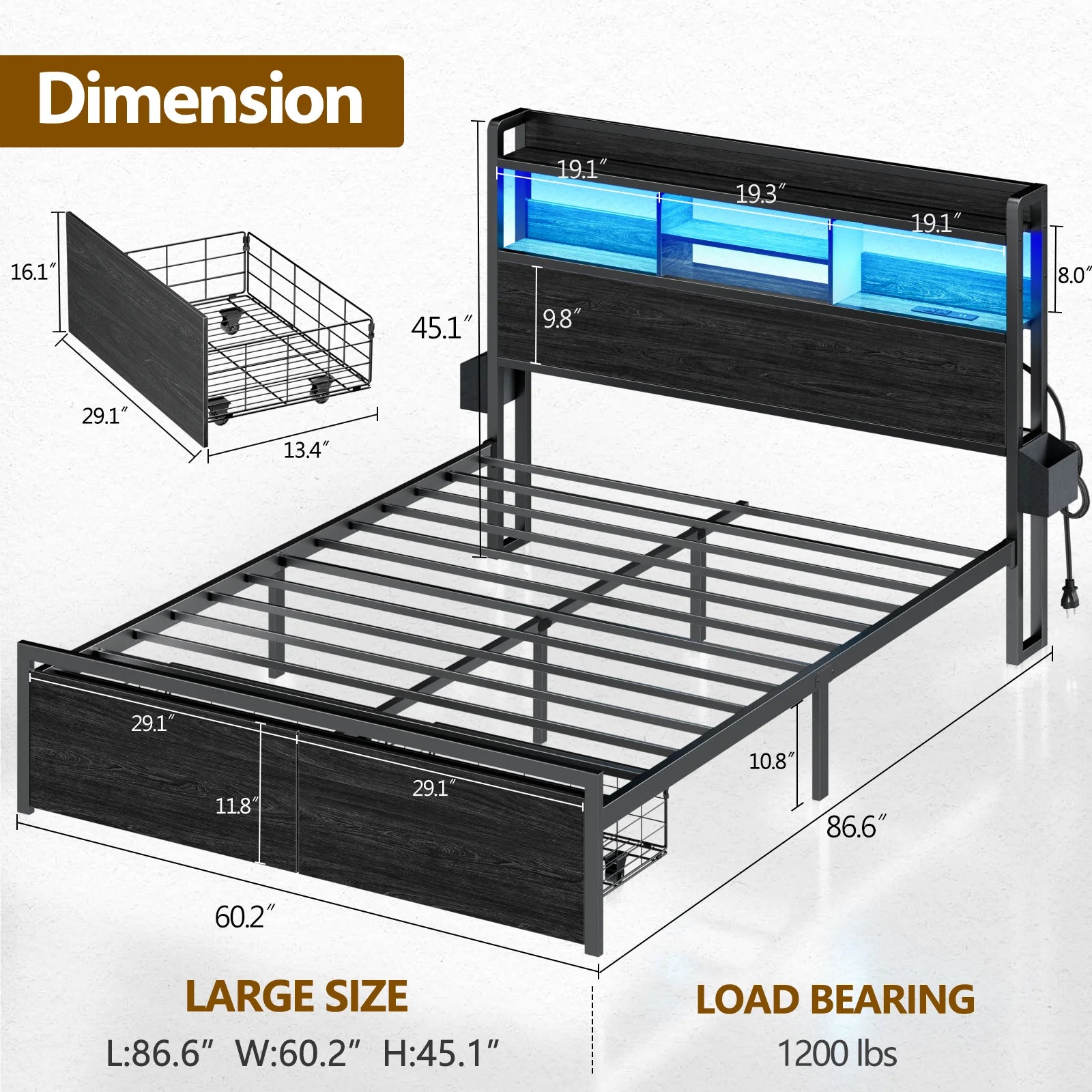 Full/Queen Size Bed Frame with Storage Headboard, Metal Platform Bed Frame with Storage Drawers, LED Lights and Charging Station