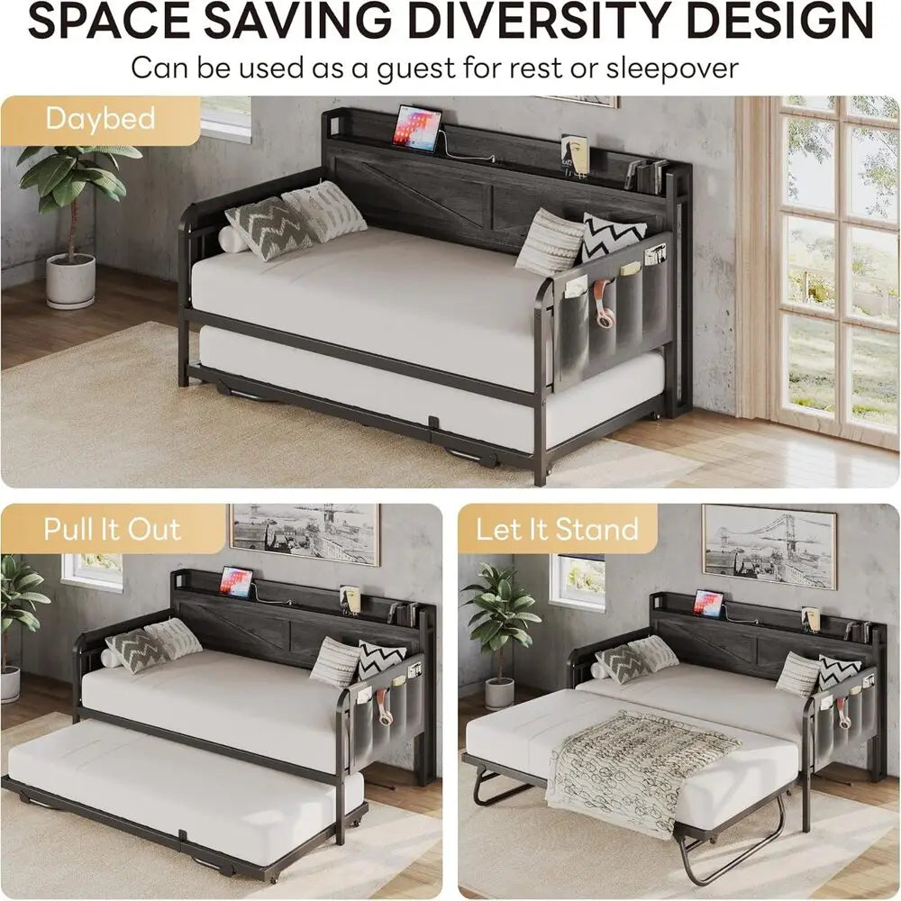 LIKIMIO Twin Daybed with Trundle Bed, Storage Headboard with Charging USB Station, Sofa Day Bed with Strong Supports for Bedroom
