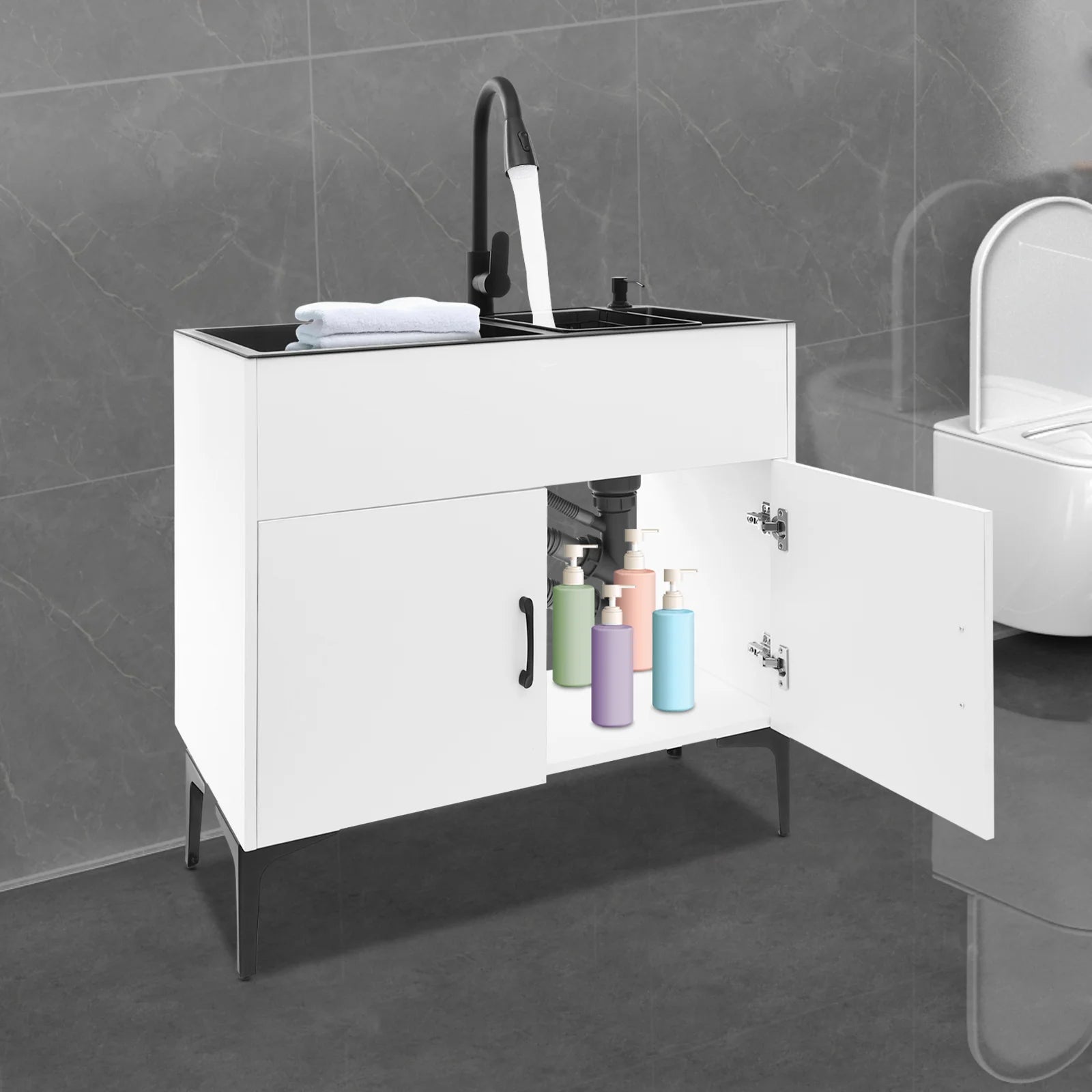Laundry Sink with Cabinet Sink with Pull-Out Faucet and Cabinet Freestanding Kitchen Sink
