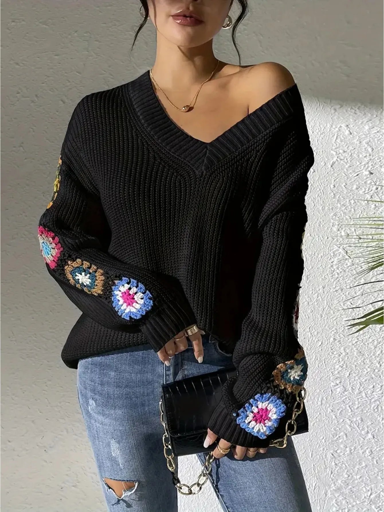 Elegant Solid Color Sweater With Embroidery Design, Unique Cuff Detail, Suitable For All Occasions