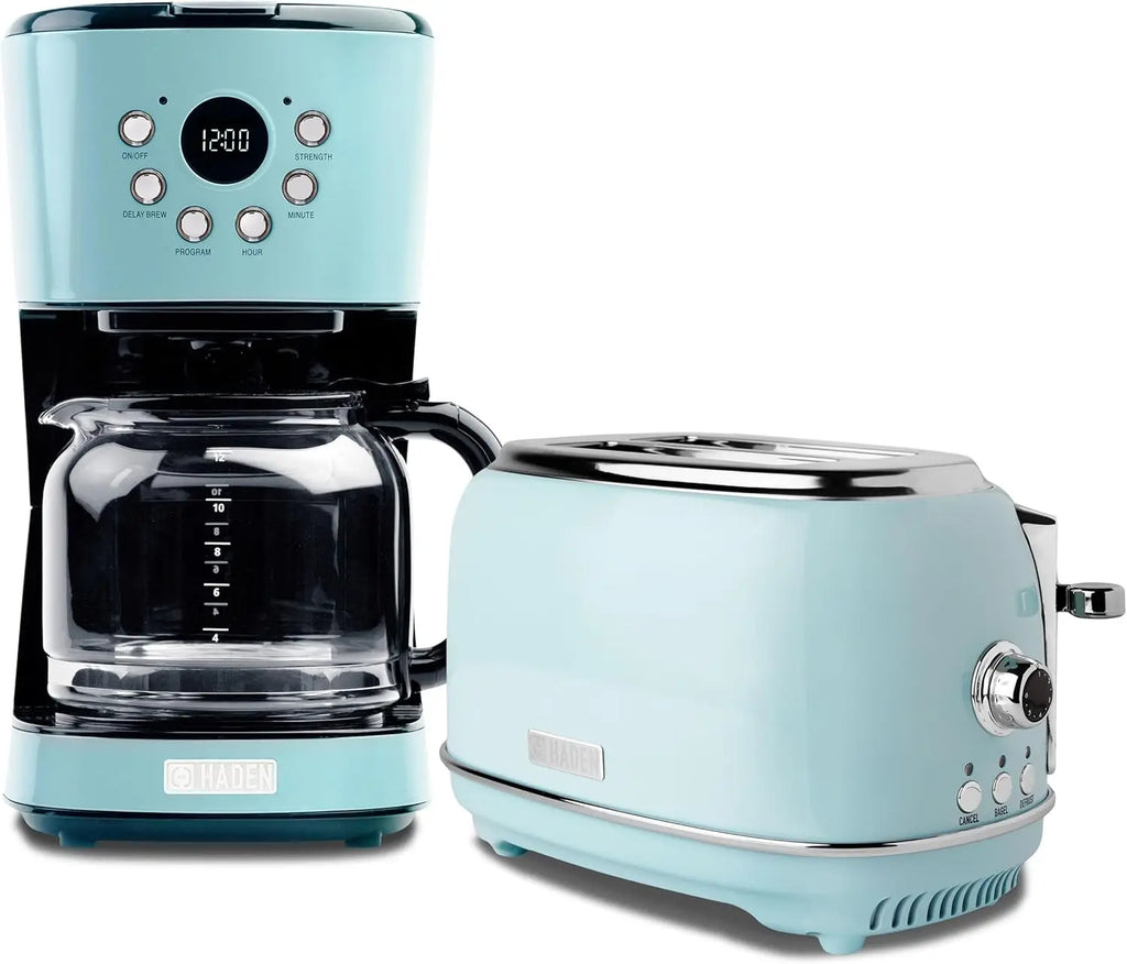 Vintage Programmable Coffee Maker Set with Retro 2-Slice Toaster Stainless Steel 12 Cup Capacity 1.75L/12Cup Kitchen Appliances