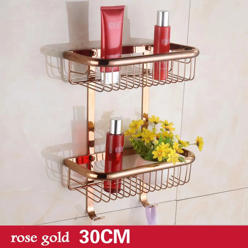 BAKALA Brass Bathroom Shelves With Robe Hook 2-Tier Bathroom Storage Basket Wall Mount Bathroom Shelf BR-6