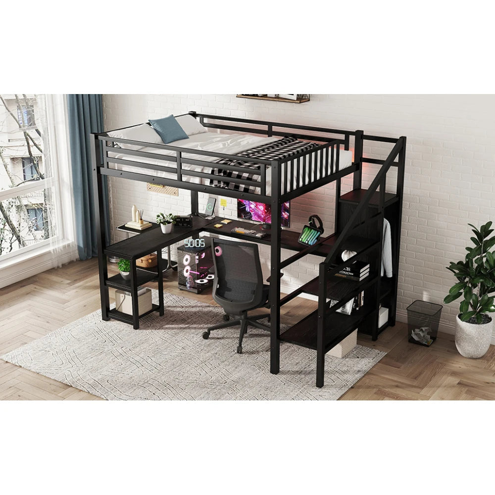 Metal Full Loft Bed with Wardrobe and LED Light, Full Size Loft Bed with L Shaped Desk and USB for Kids Teens Adults, Black