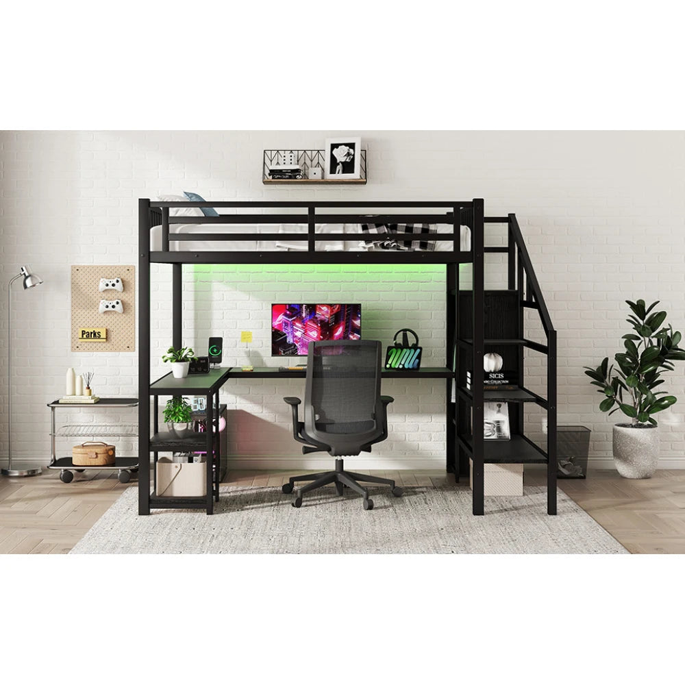 Metal Full Loft Bed with Wardrobe and LED Light, Full Size Loft Bed with L Shaped Desk and USB for Kids Teens Adults, Black