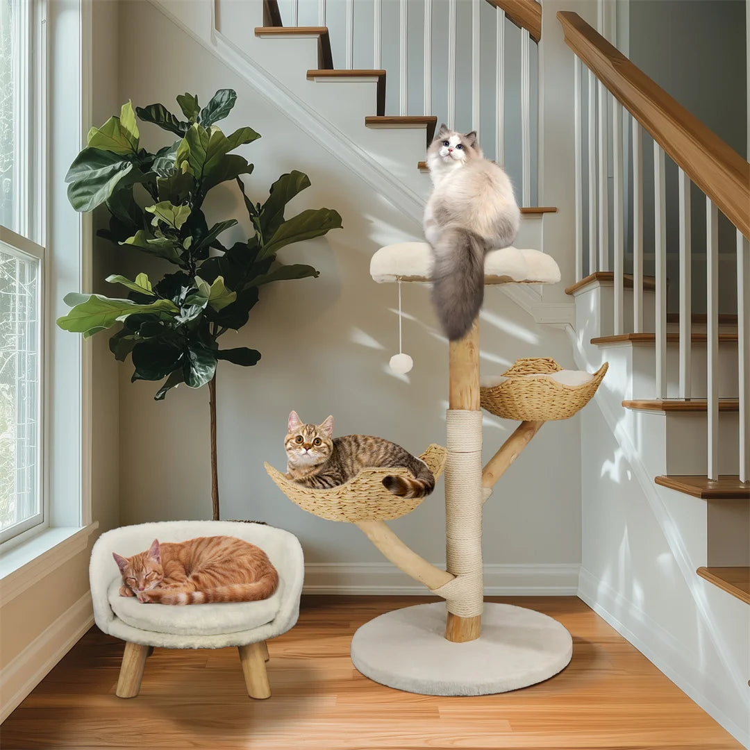 110cm Modern Cat Furniture Climbing Tree Solid Wood Activity Center with Scratching Post for Kitty