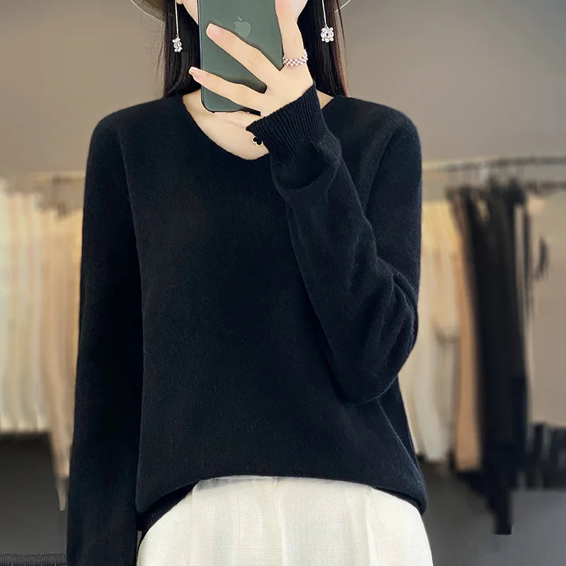Sweater For Women 100% Merino Wool V Neck Sweater Fall Winter Basic Warm Pullovers Long Sleeve Soft Knit Jumpers Female Clothing