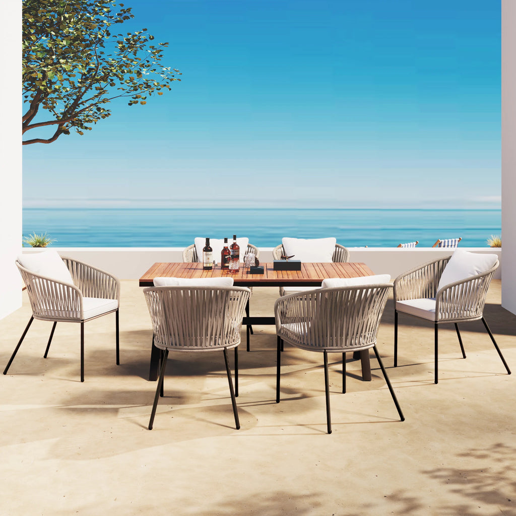 7 Pieces Patio Dining Set, All-Weather Outdoor Furniture Set with Dining Table and Chairs, Acacia Wood Tabletop, Metal Frame, fo