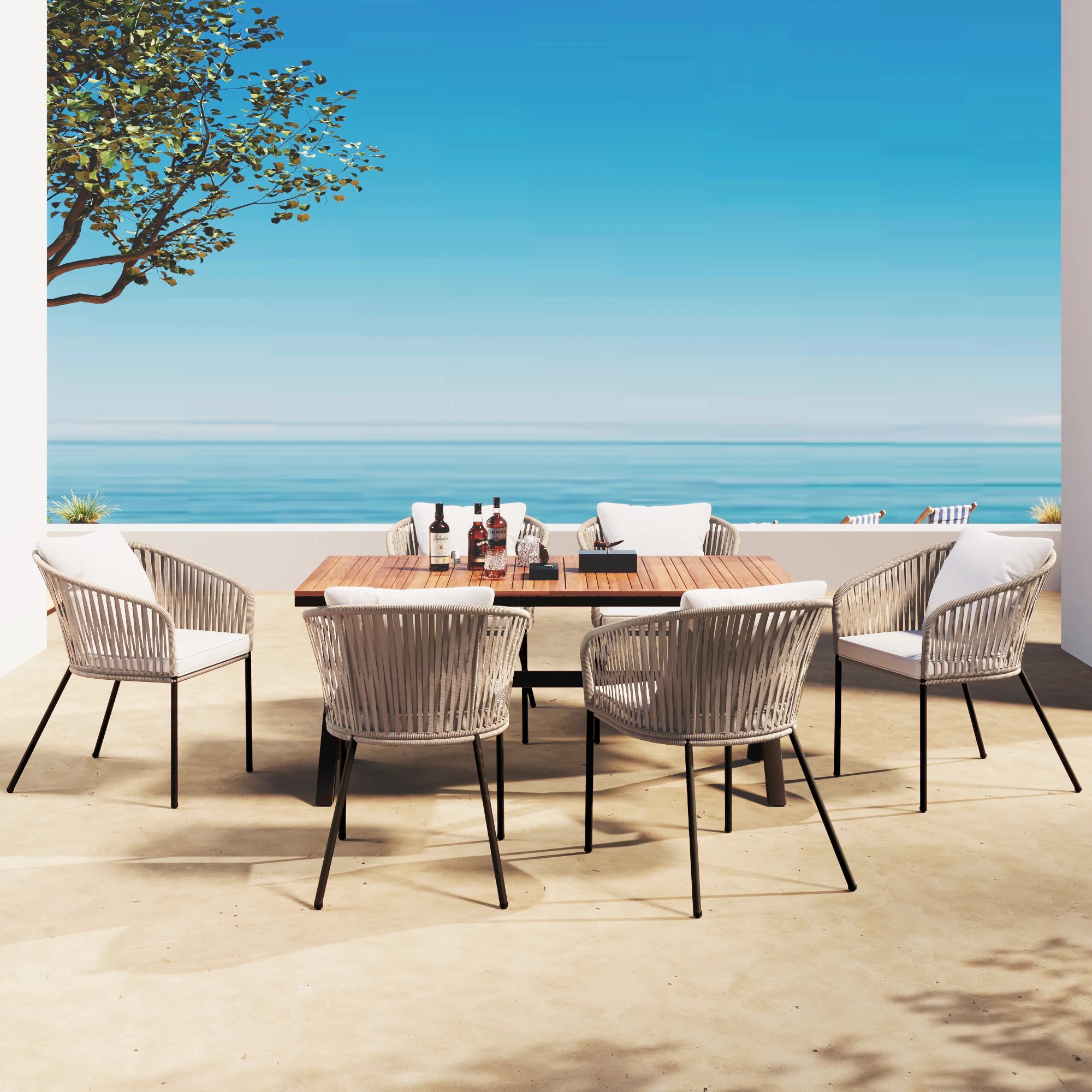 7 Pieces Patio Dining Set, All-Weather Outdoor Furniture Set with Dining Table and Chairs, Acacia Wood Tabletop, Metal Frame, fo