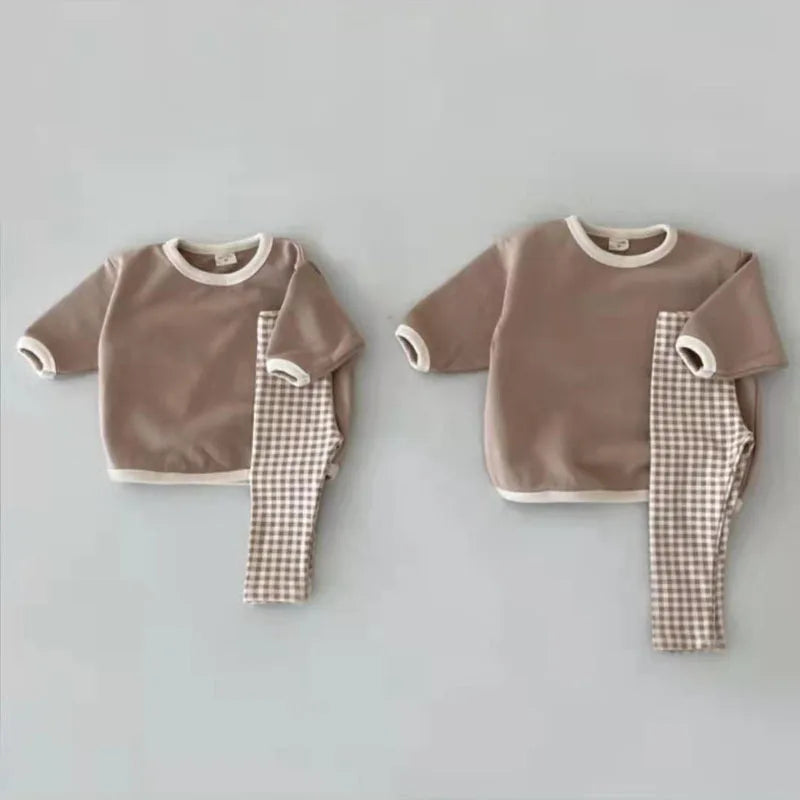 Autumn New Baby Long Sleeve Clothes Set Infant Solid Casual Sweatshirt Set Boys Girls Plaid Pants Outfits Children 2pcs Suit