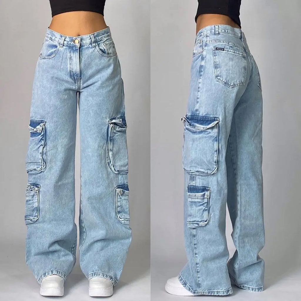 American New Fashion Geometric Pattern Embroidered Baggy Jeans Women Y2K Harajuku Vintage Hip-hop Popular Casual Wide-leg Pants