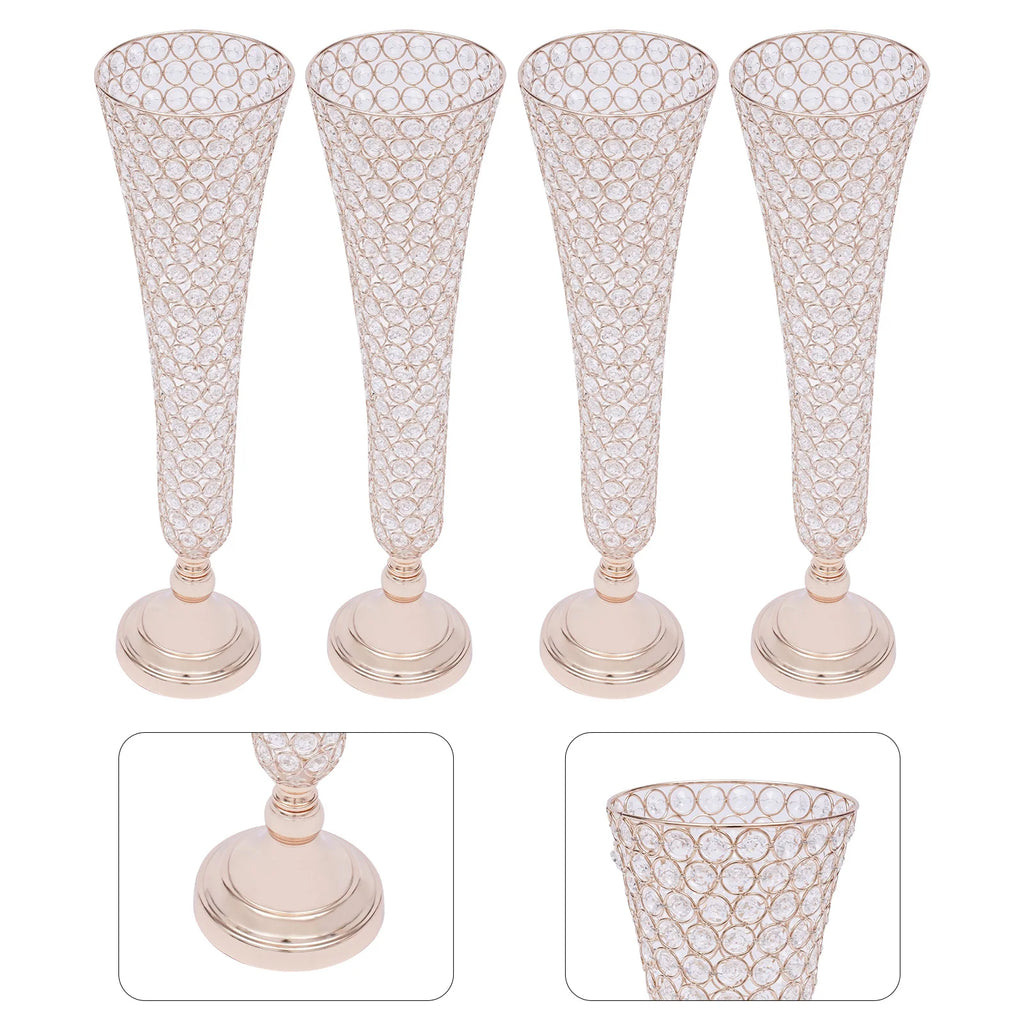 4pcs Crystals Trumpet Floral Vase Wedding Flower Stand Gold Flower Vases for Table Centerpiece Home Decoration