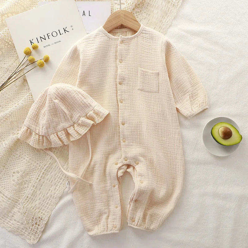 Baby Boys Girls Clothes Newborn Jumpsuit + Hats Infant Muslin Cotton Long Sleeve Romper 0-24 Month