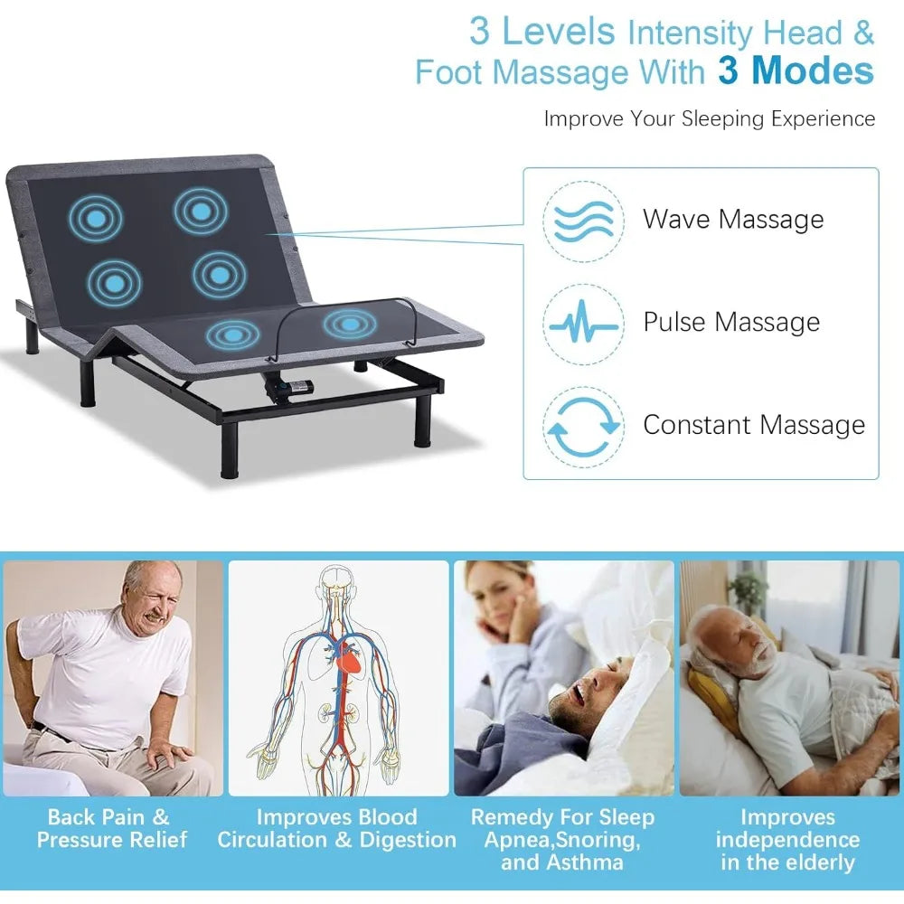Adjustable Bed Frame Base Queen with Massage,Wireless Remote Control,Ergonomic Motorized Head and Foot Incline,Zero Gravity,Ant