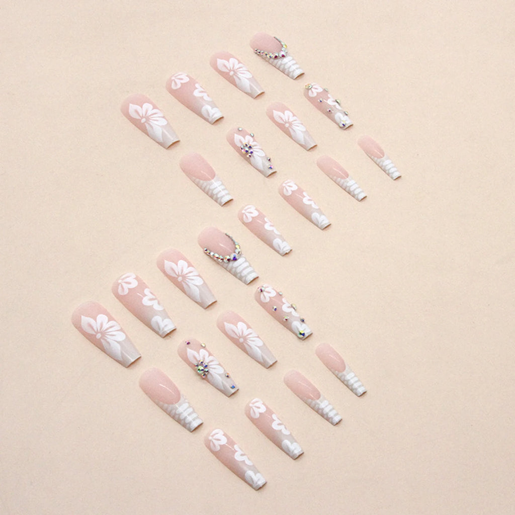 Rhinestone Embellished White Fake Nails Long Square UV Gel Cool Color Nails for Dance Parties Weekend Trips Parties