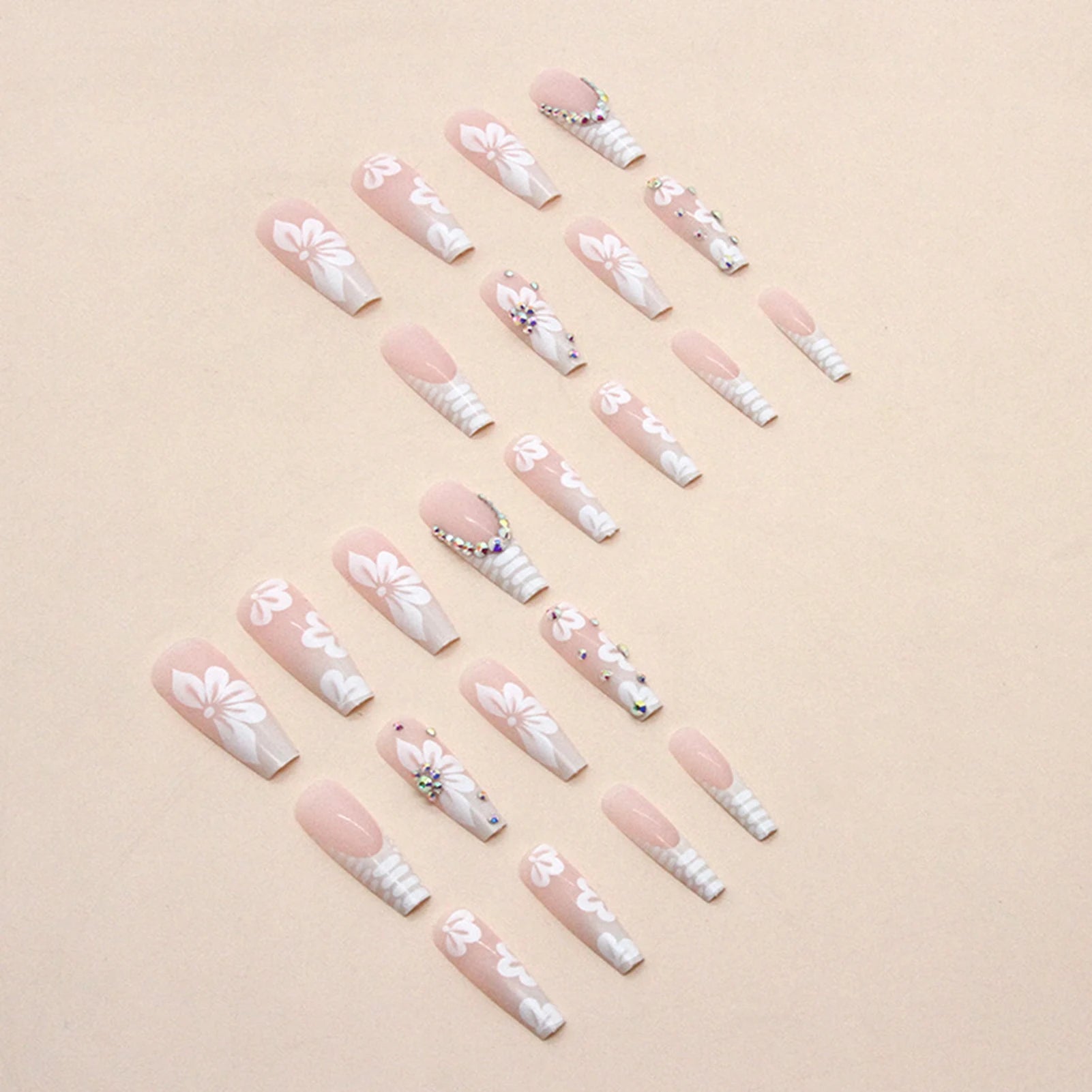 Rhinestone Embellished White Fake Nails Long Square UV Gel Cool Color Nails for Dance Parties Weekend Trips Parties