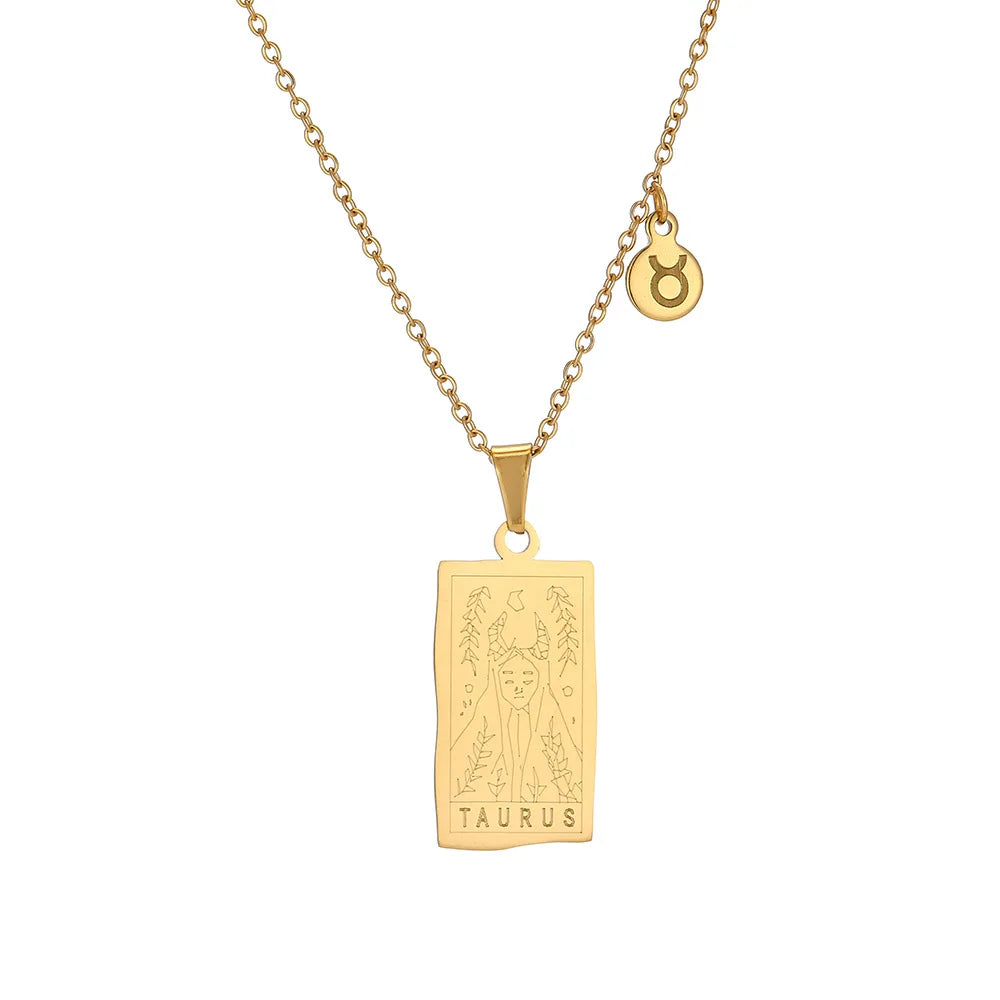 Stainless Steel Square Tarot Card Pendant Women Necklace Twelve Constellations Gold-Plated Clavicle Chain Horoscope Gifts