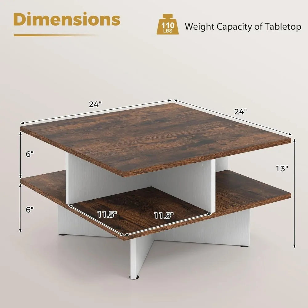 Modern 2-Tier Square Coffee Table with Storage and X-Shaped Base by GOFLAME