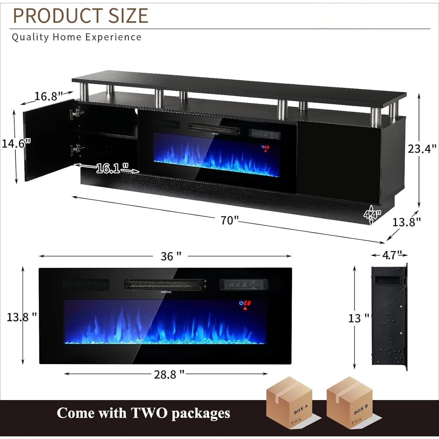 70 inch modern electric fireplace TV stand, suitable for TVs under 80 inches, with electronic flame and LED lights, black
