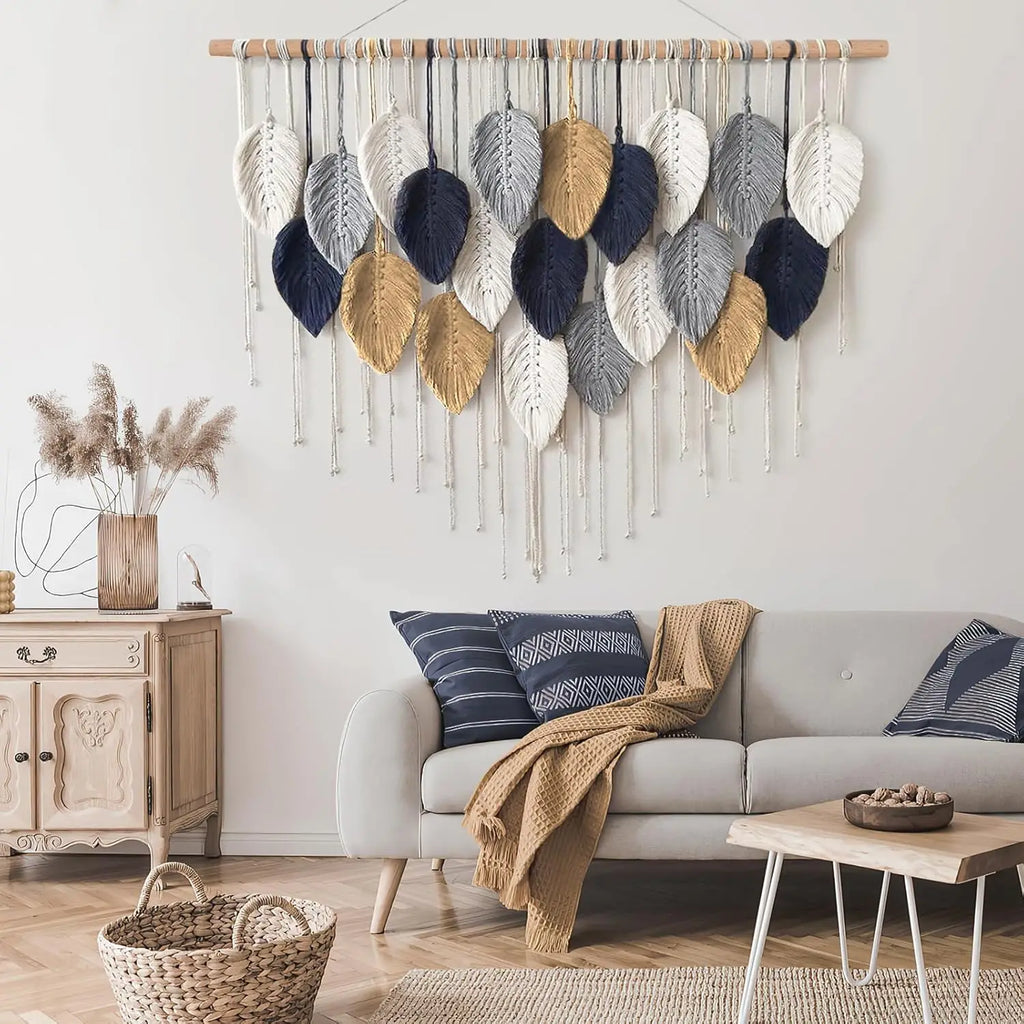 Boho Home Decoration, Macrame Tapestry Macrame Leaf Feather Wall Hanging Decor for Living Room Bedroom, Boho Wall Art Home Decor